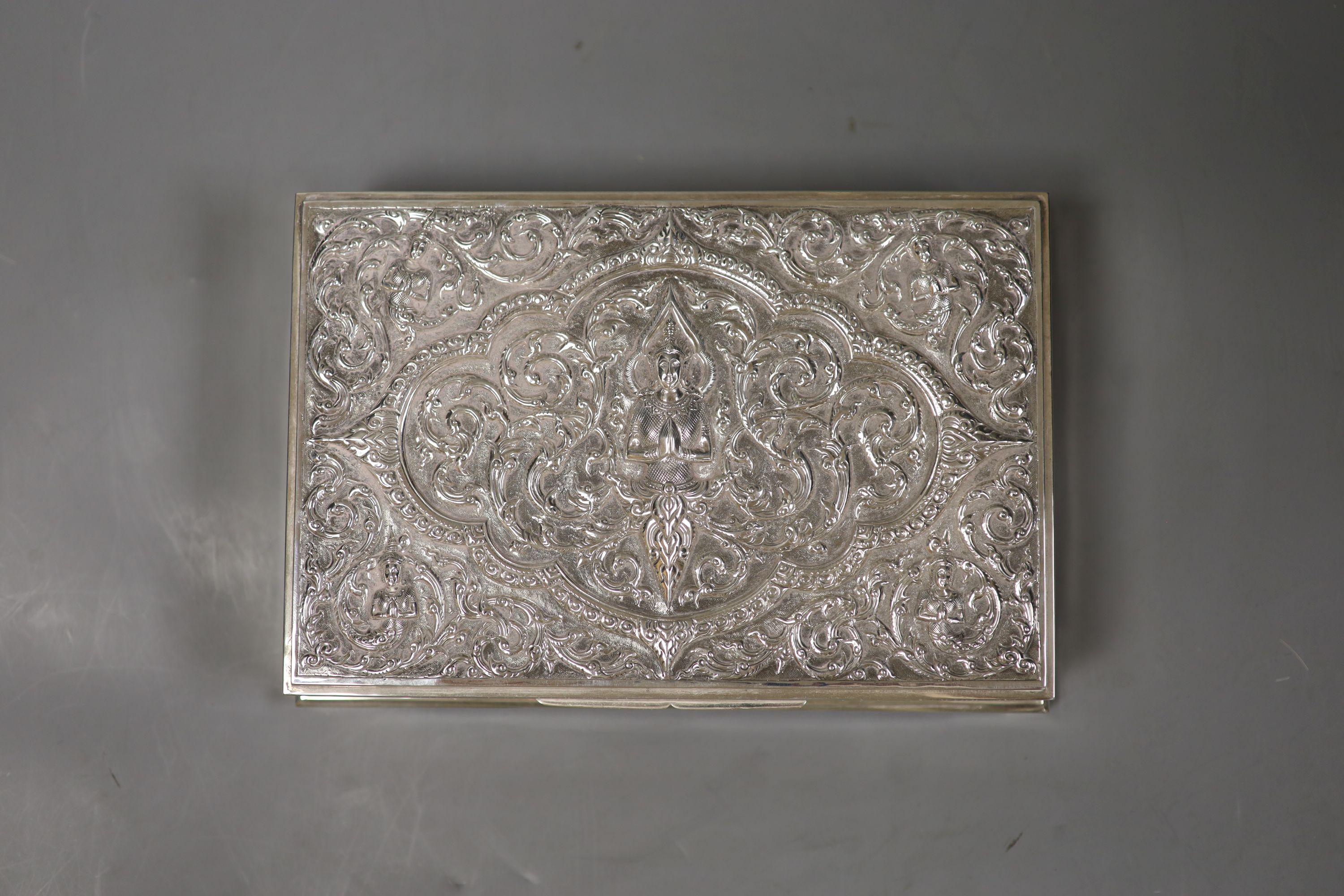 A Thai rectangular white metal cigarette box, 23.9cm,